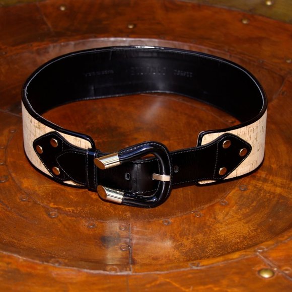 CARLISLE Designer Cork Black Patent Leather Wide Belt Gold Accents Small - Picture 2 of 7